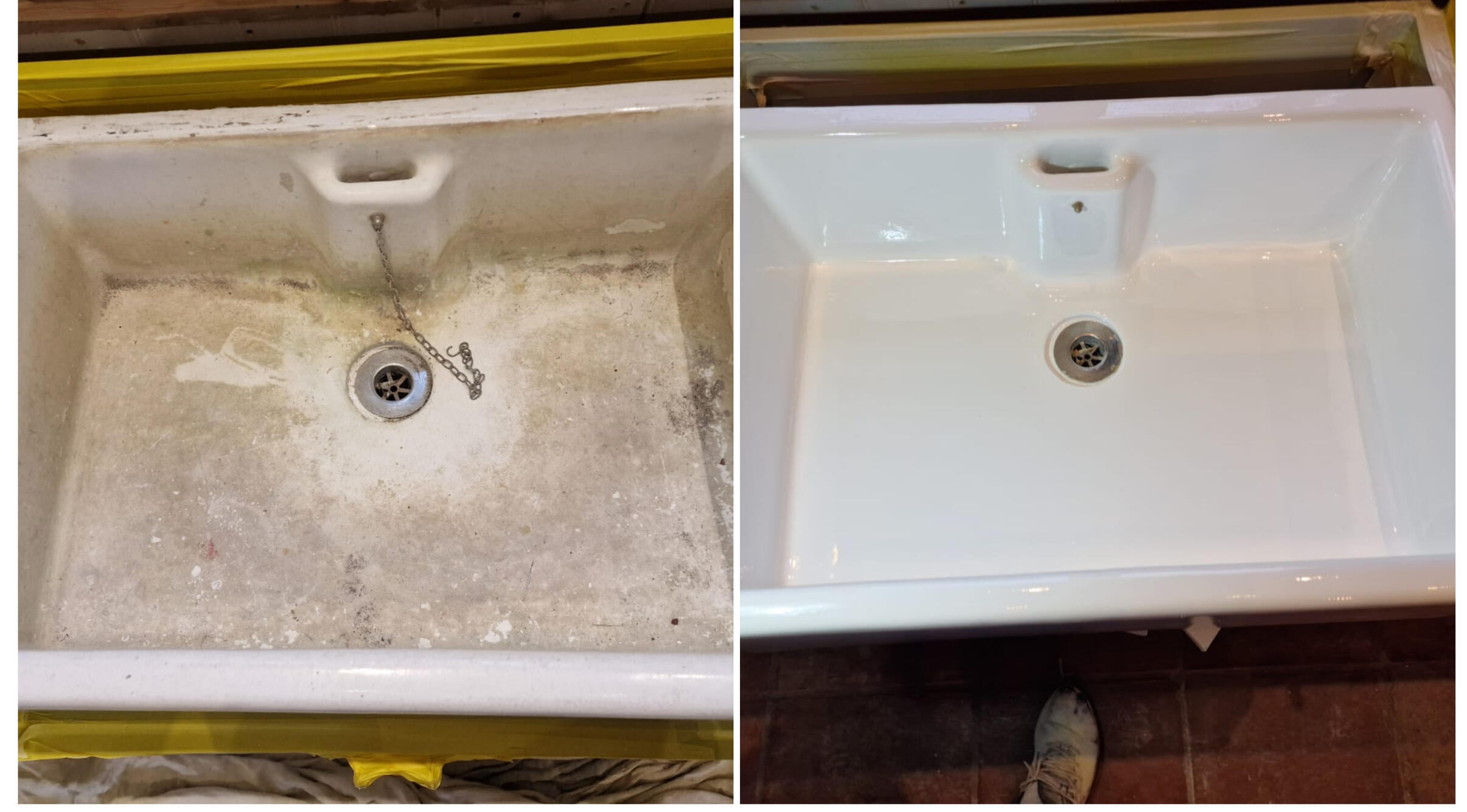 BEFORE AND AFTER PHOTOS OF A KITCHEN CERAMIC BELFAST SINK, WAS DAMAGED AND FULL OF CHIPS, FULLY RESORED TO A LIKE NEW FINISH IN Coventry