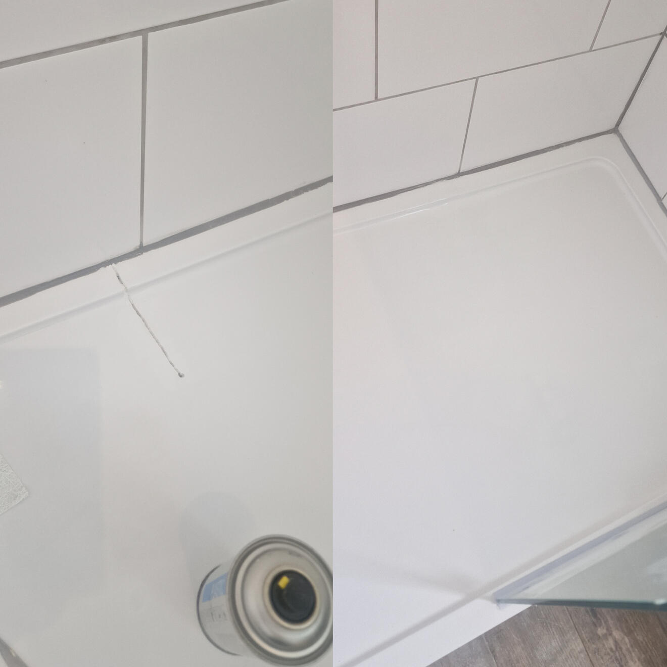 Before and after stone resin shower tray crack repair in Coventry