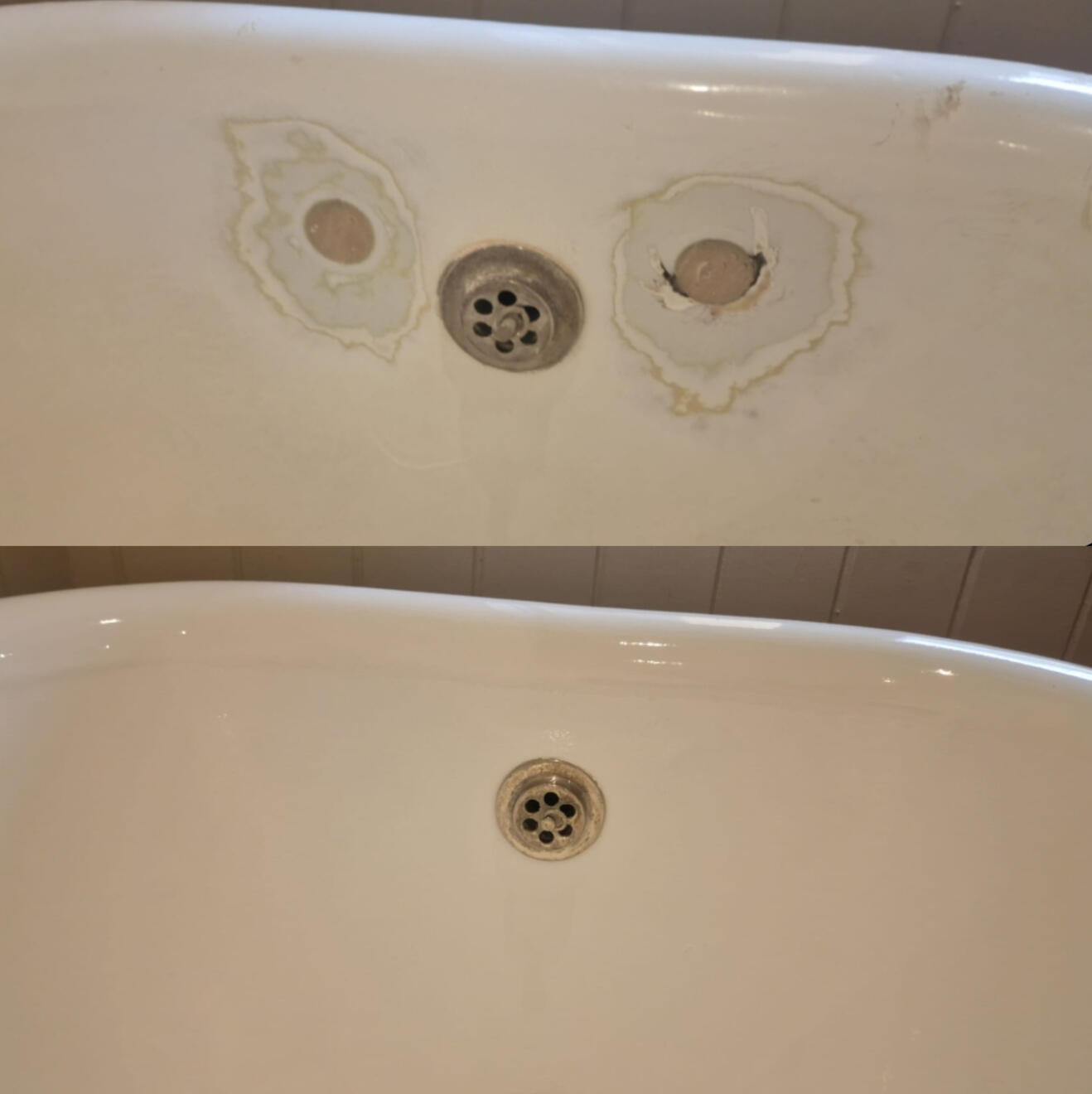 Before and after cast iron bath tap holes filled and repaired in Coventry