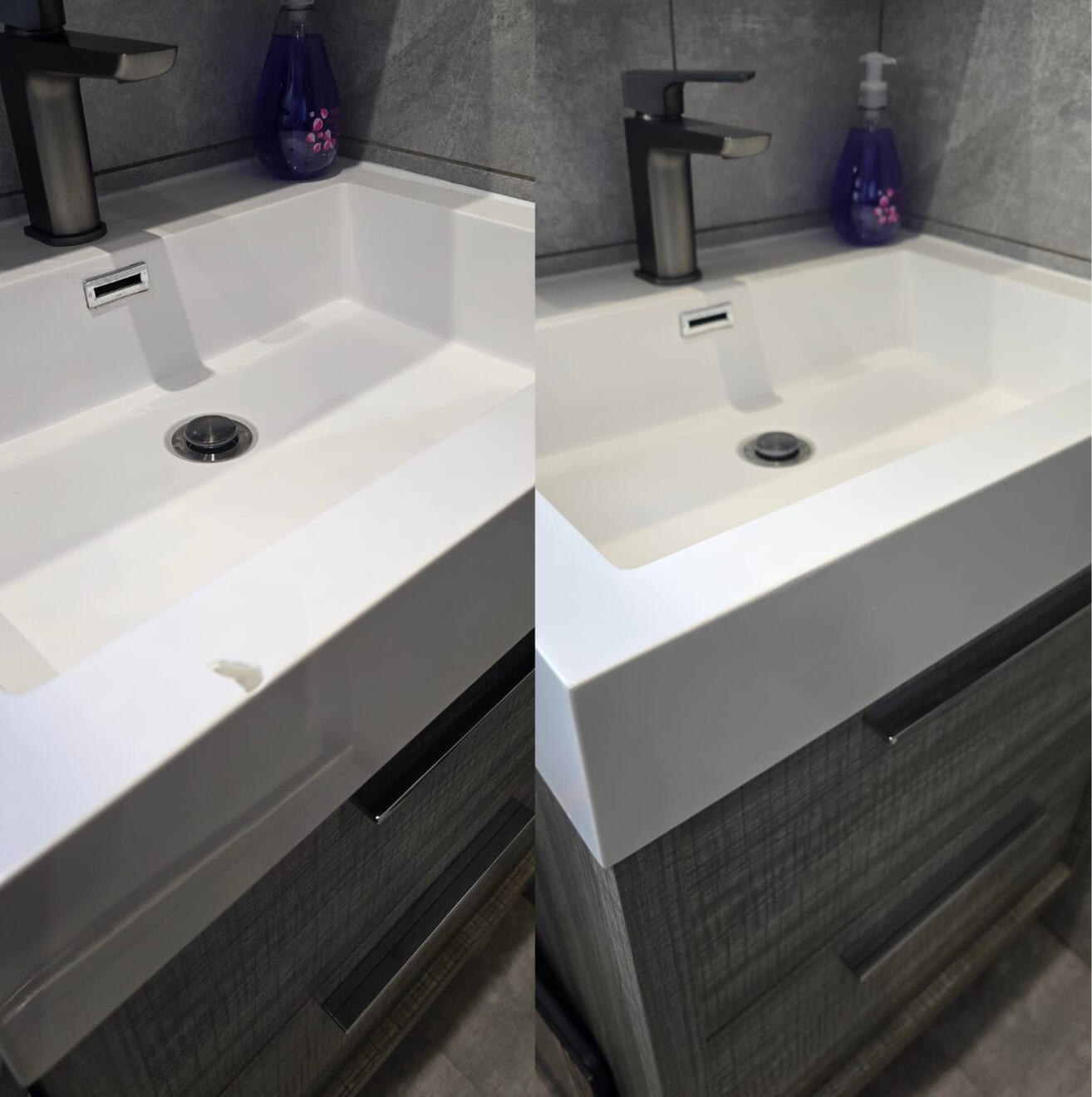 Before and after composite bathroom basin chip repair in Coventry