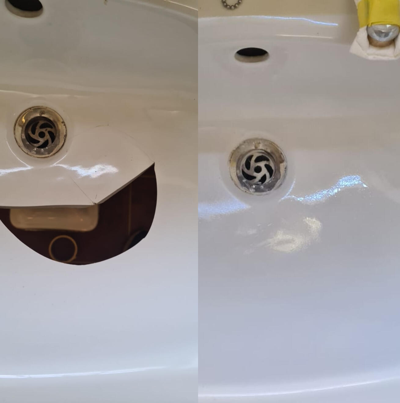Before and after ceramic sink crack repair in Coventry