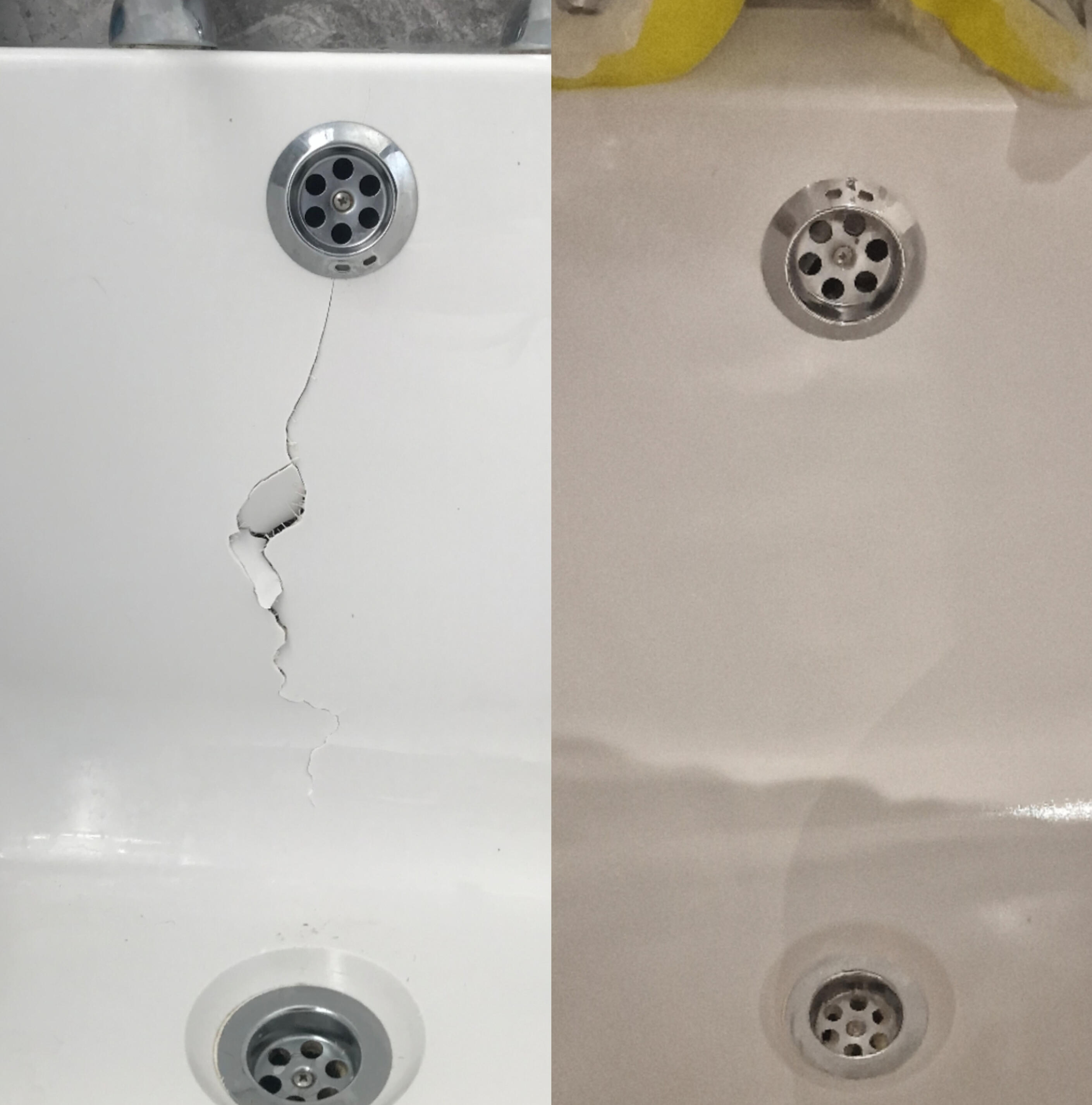 Before & After photos of an Acrylic Bath Crack Repair in Stoke, Coventry