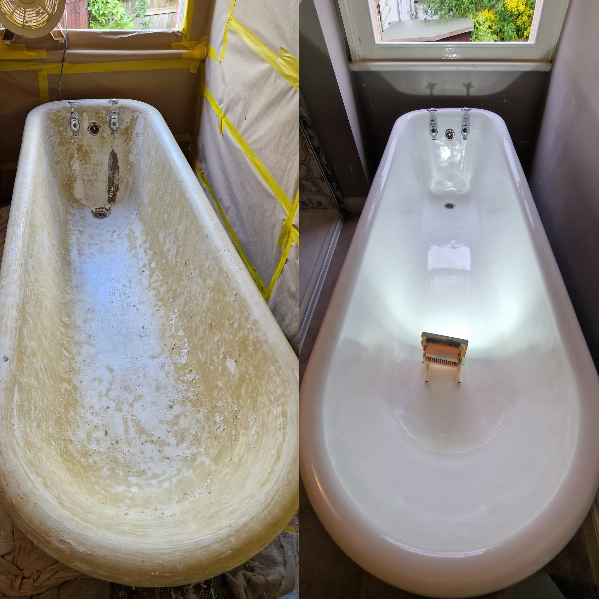 Before and after roll top cast iron bath re-enamelling in Coventry